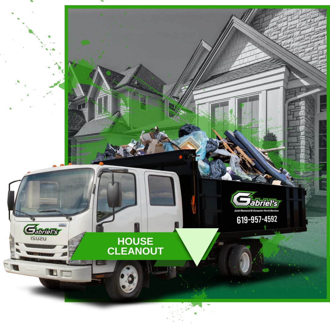 A garbage truck filled with trash is parked in front of a house.