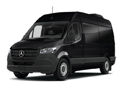 Black Mercedes-Benz Sprinter van, high-roof, parked, against white backdrop.