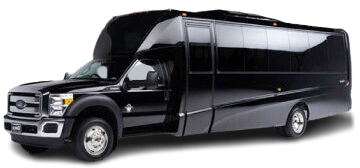 Black party bus, shiny with tinted windows, parked on white.