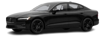 Black Volvo S60 sedan with black wheels. Front three-quarter view.