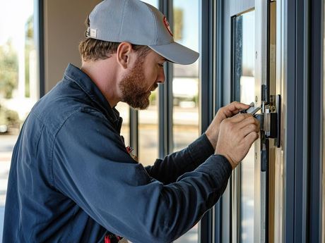 A Man In A Hat Is Working On A Door Lock