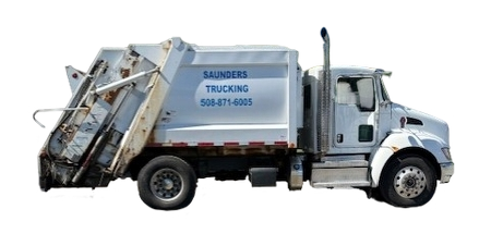 White garbage truck with Saunders Trucking logo.