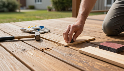 “Hand placing a board on a wood deck surface while using measuring tools during deck work in Hartford, CT”