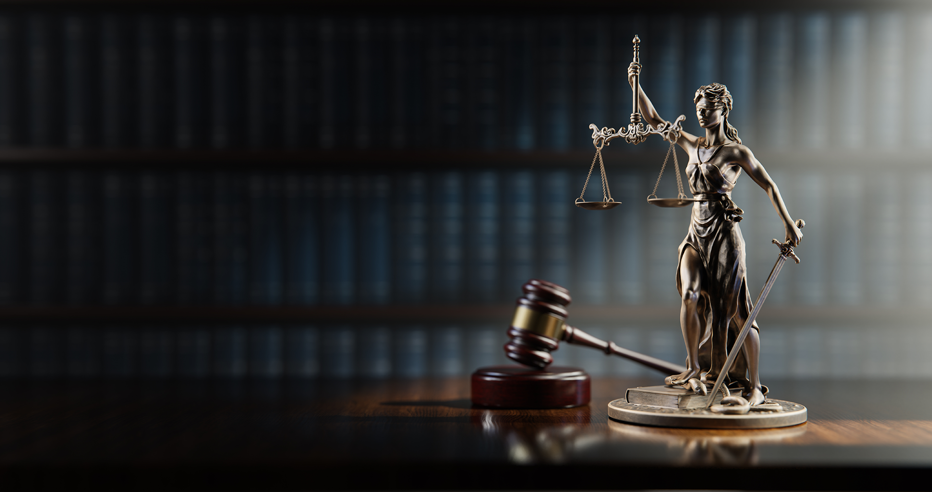 Statue of Lady Justice with scales and sword next to a gavel on a dark wood table.