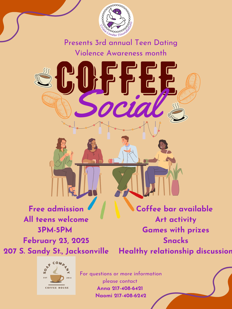 A poster for a coffee social event with people sitting at a table.