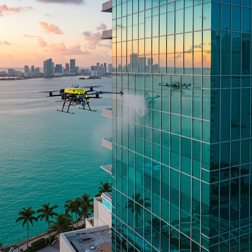 A DRONE WASHING A HIGHRISE IN MIAMI TO REMOVE ACCUMULATED SALTS GRIME AND DIRT FOR PROPERTY MAINTENANCE 