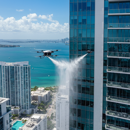 A DRONE BEING USED TO CLEAN THE EXTERIOR OF A BUILDING IN MIAMI FL 