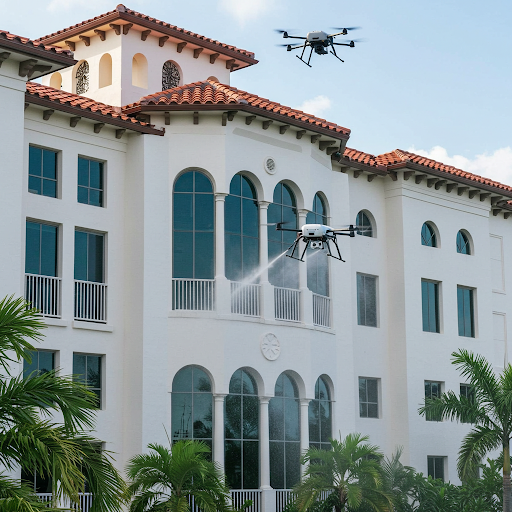 A DRONE BEING USED IN NAPLES, FLORIDA TO CLEAN A BUILDINGS EXTERRIOR