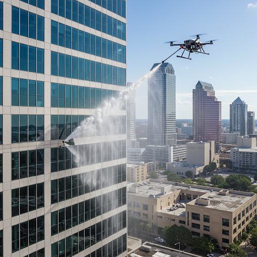A FLORIDA BASED COMPANY USING A DRONE TO CLEAN A BUILDINGS WINDOWS IN TAMPA FLORIDA