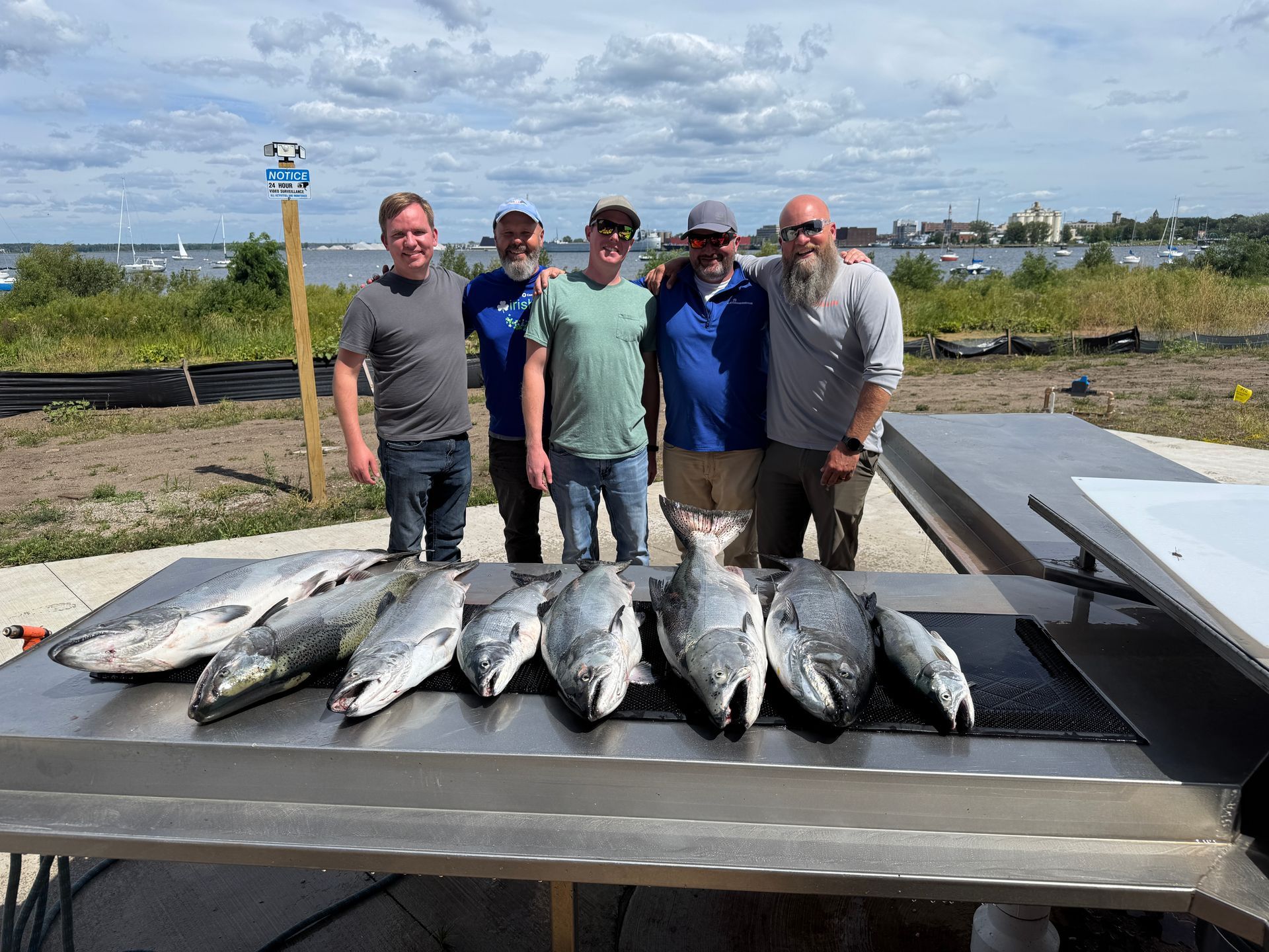 Five men pose with eight fish laid out on a stainless steel table, near water under a bright sky.