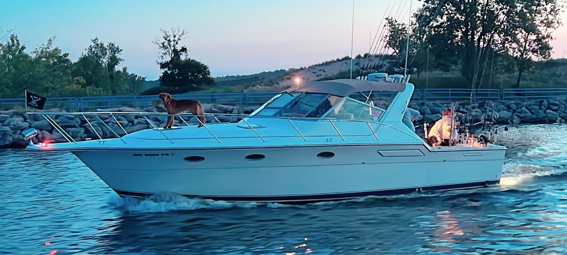 A motorboat on water at dusk with a dog on the deck.