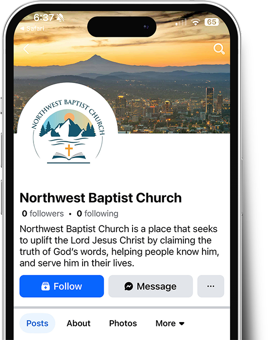 Facebook page for Northwest Baptist Church; logo, description, and buttons displayed on a phone.