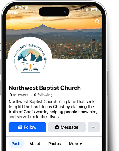 Facebook page for Northwest Baptist Church; logo, description, and buttons displayed on a phone.