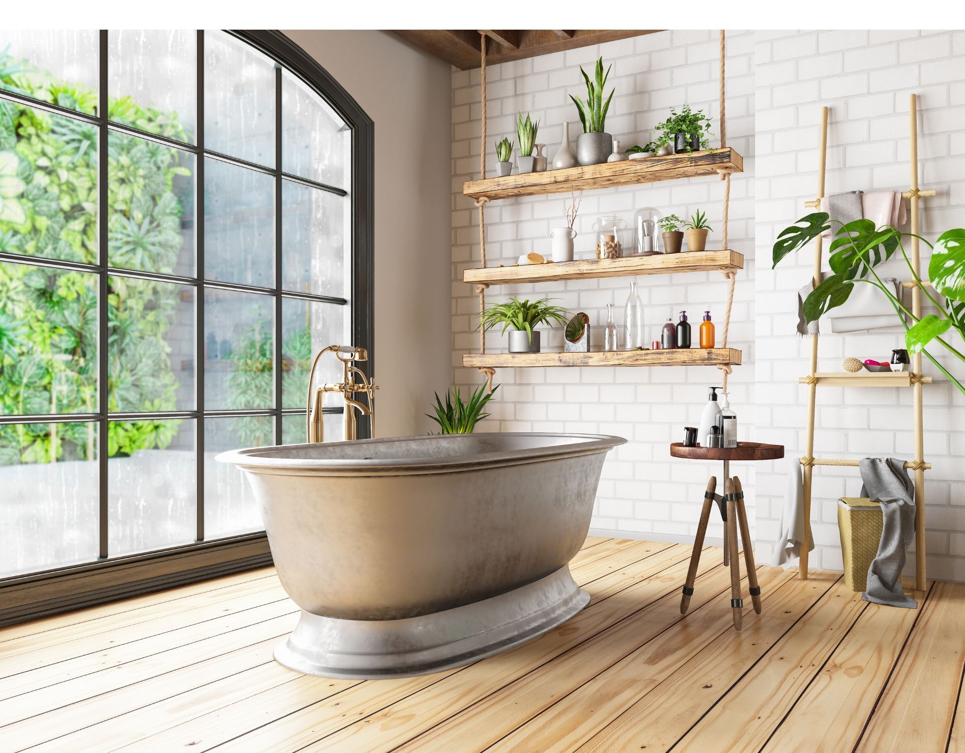 Bathroom with a claw-foot tub, large window, and wooden shelves with plants and toiletries.