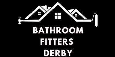 Logo for Bathroom Fitters Derby: houses, hammer, roller, and text on a black background.