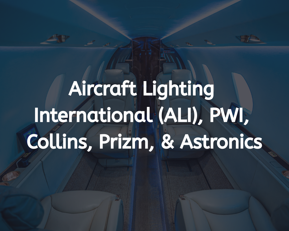 Text over a cockpit dashboard: Aircraft Lighting International, PWI, Collins, Prizm, & Astronics.