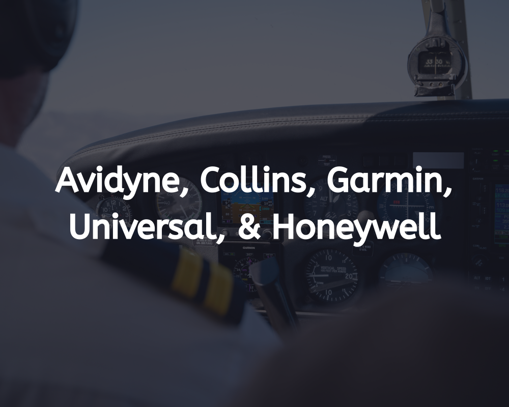 Pilot in cockpit with Avidyne, Collins, Garmin, Universal, and Honeywell logos.