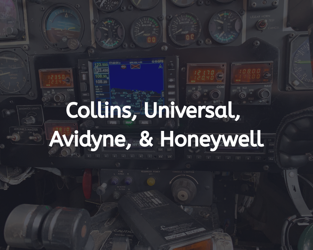 Aircraft cockpit with navigational displays, text overlay: Collins, Universal, Avidyne, & Honeywell.