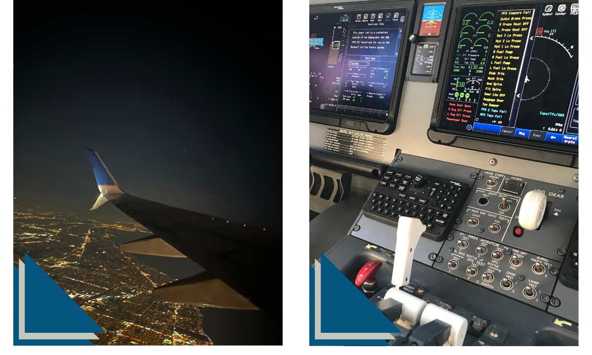 Left: Airplane wing over city lights. Right: Cockpit with displays and controls.