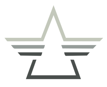 Star-shaped logo with stacked gray wings and an open top.