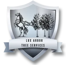 The logo for lux arbor tree services shows a horse pulling trees.