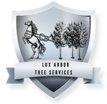 The logo for lux arbor tree services shows a horse pulling trees.