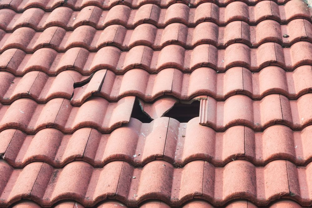 A Red Tile Roof with A Large Hole, Showing Exposed Interior — Geoff Hall Roofing in Port Macquarie, NSW