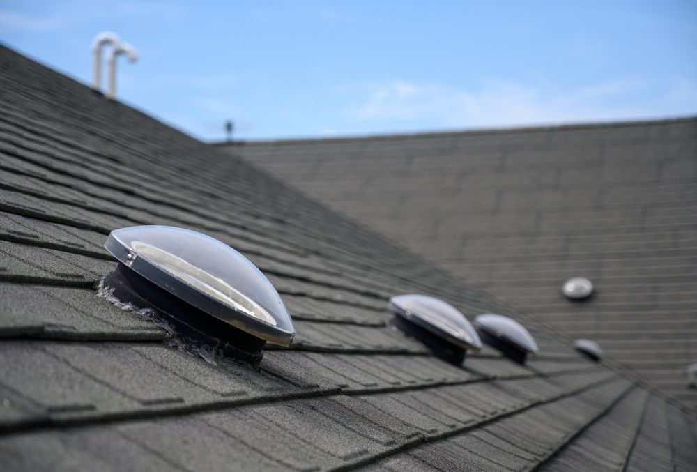 Close-Up of A Dark Shingled Roof with Four Dome-Shaped Solar Tubes — Geoff Hall Roofing in Port Macquarie, NSW