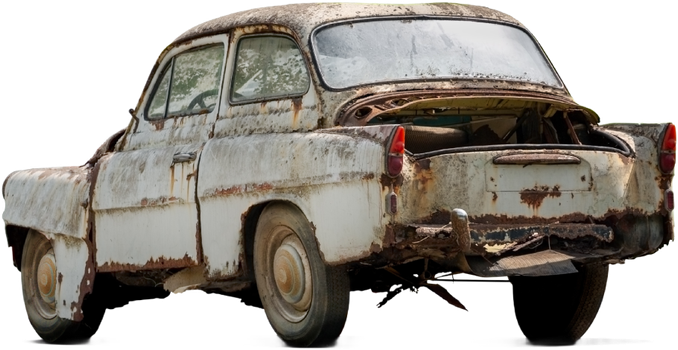 An old rusty white car with the trunk open