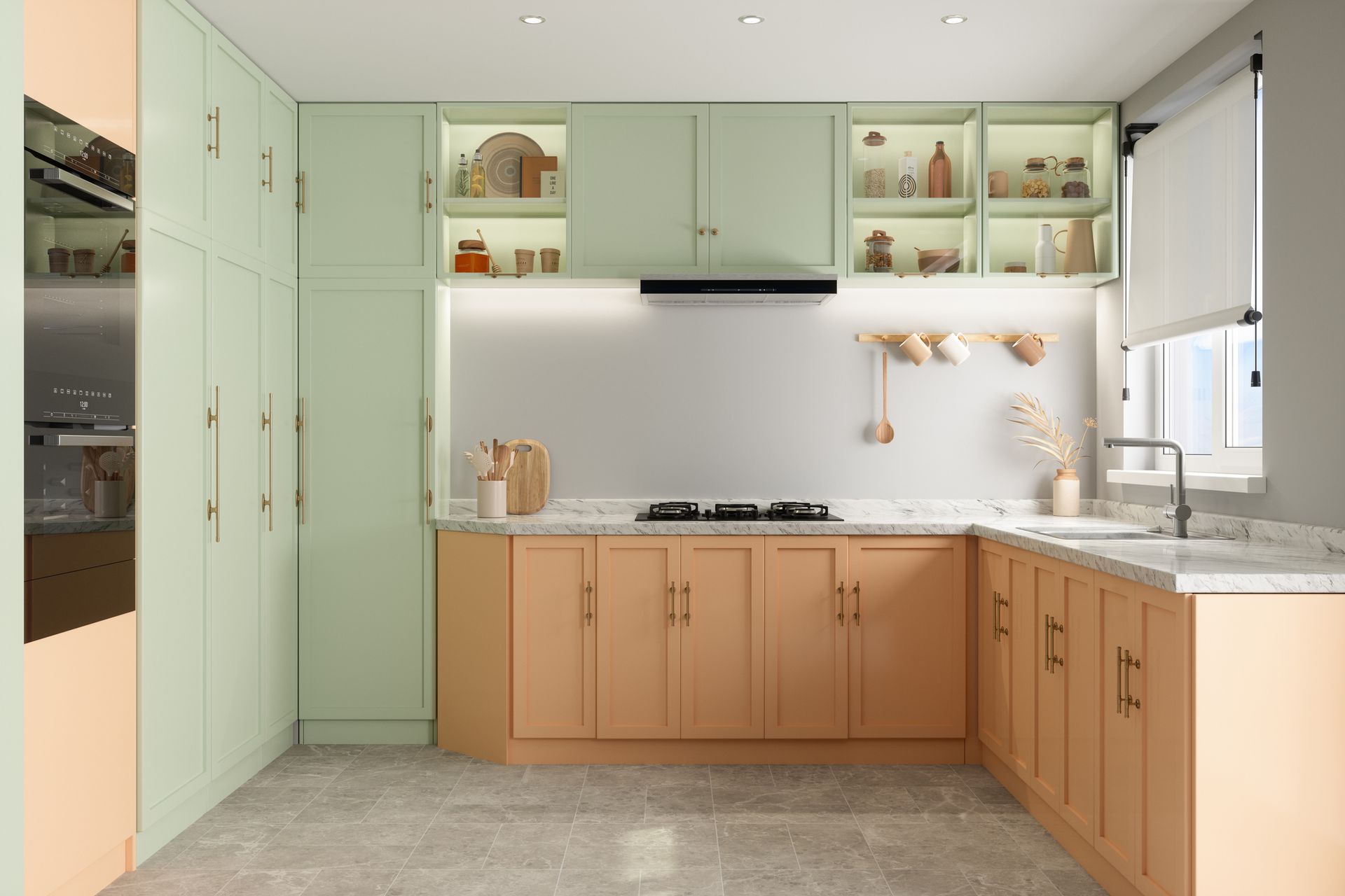 L-shaped kitchen with green upper cabinets, peach lower cabinets, and neutral backsplash.