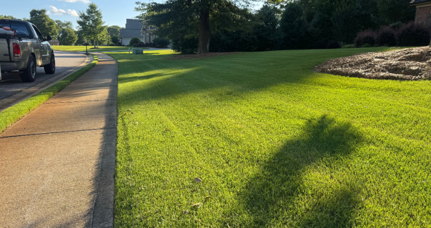 A neatly mowed residential lawn next to a concrete sidewalk, with a parked truck in the background.