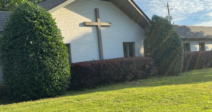 A white brick building with a large wooden cross on the front, surrounded by green hedges and a grassy lawn.