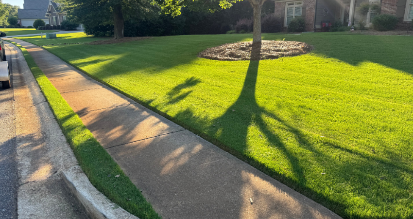 A sidewalk borders a lush green lawn with a tree casting a long shadow under bright sunlight.