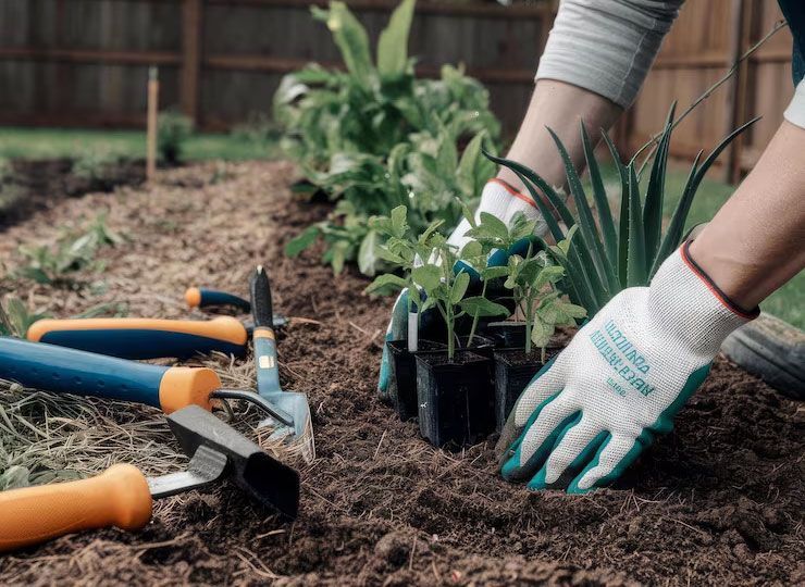 A person wearing gloves plants small seedlings in garden soil, with various gardening tools nearby on the ground.