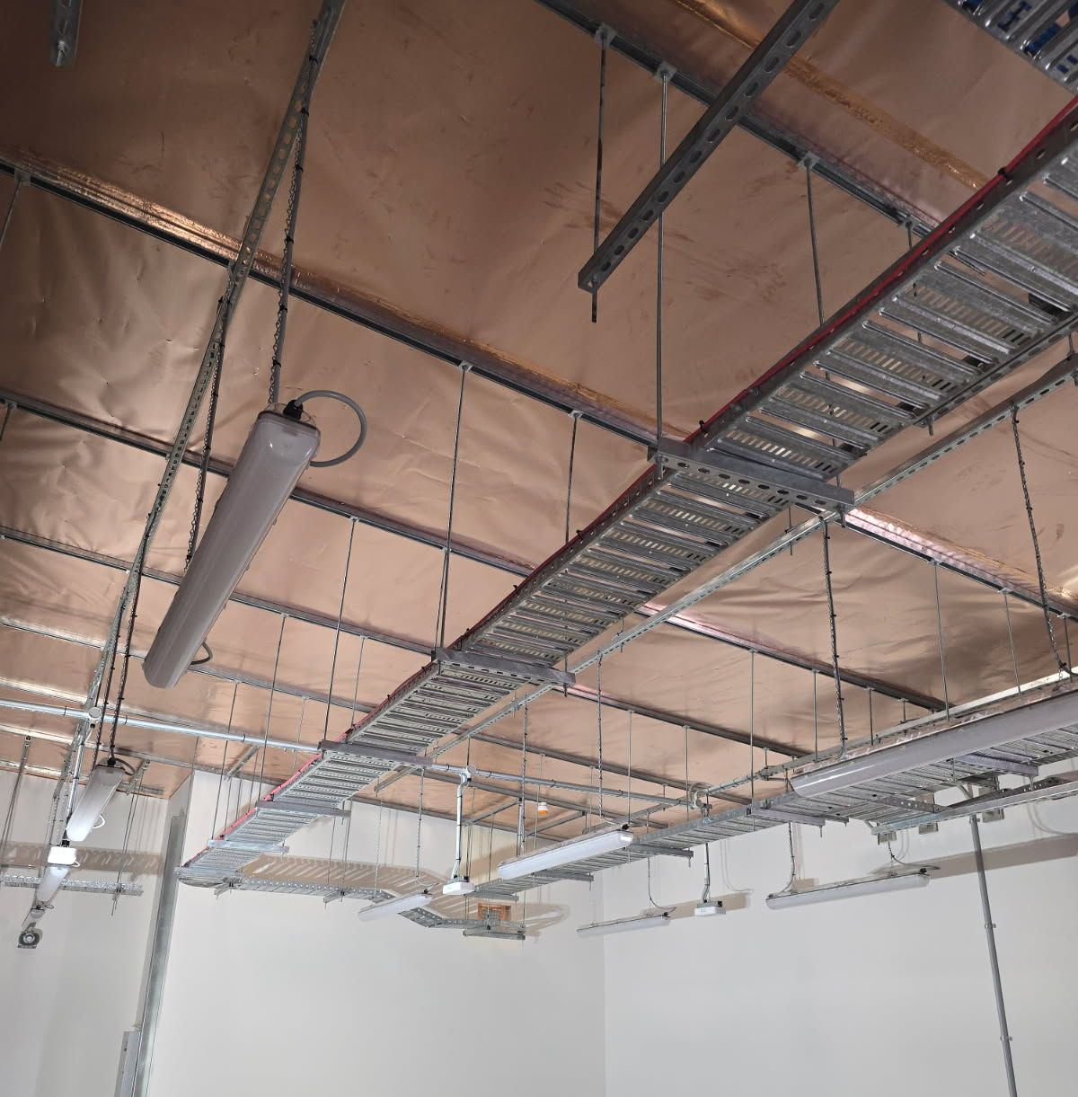 Red Electrical Cables Neatly Arranged on a Metal Cable — EBS NQ Electronic Building Systems in Kirwan, QLD