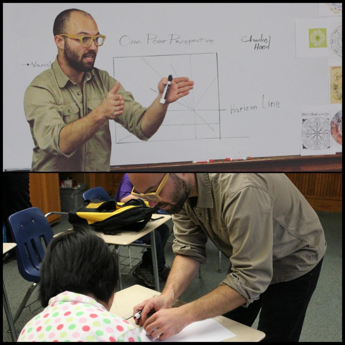 teacher instructing his class and helping a student with their work