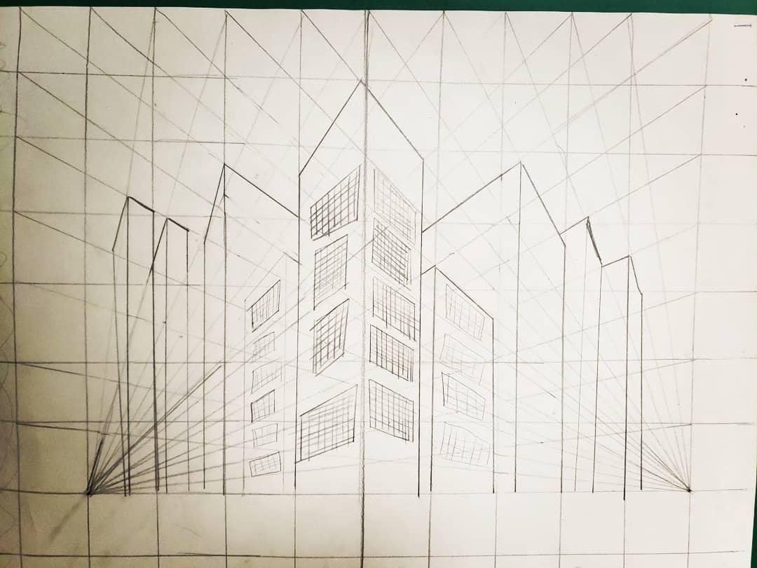 one point perspective drawing of city building