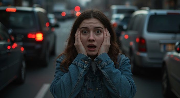A girl experiencing panic in heavy traffic