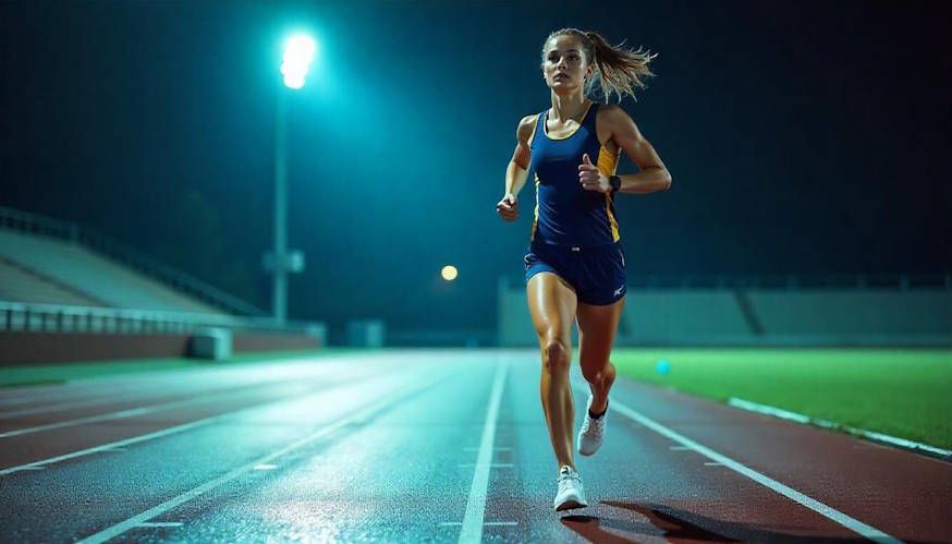 Focused high school runner mid-stride on a Centerville track, using hypnosis to improve performance.