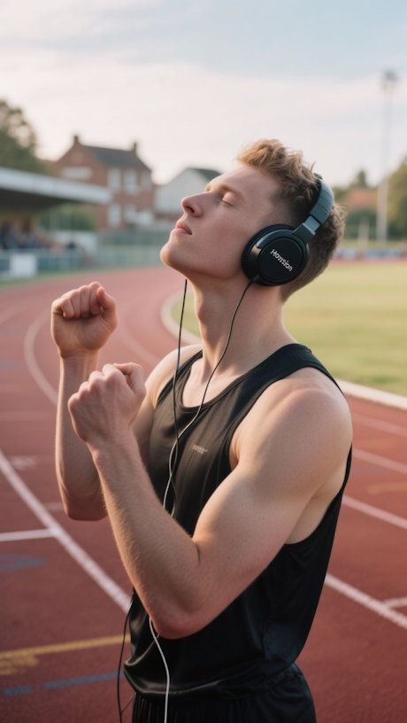 A local athlete visualizing victory at a track in Dayton while wearing headphones and listening to hypnosis audio