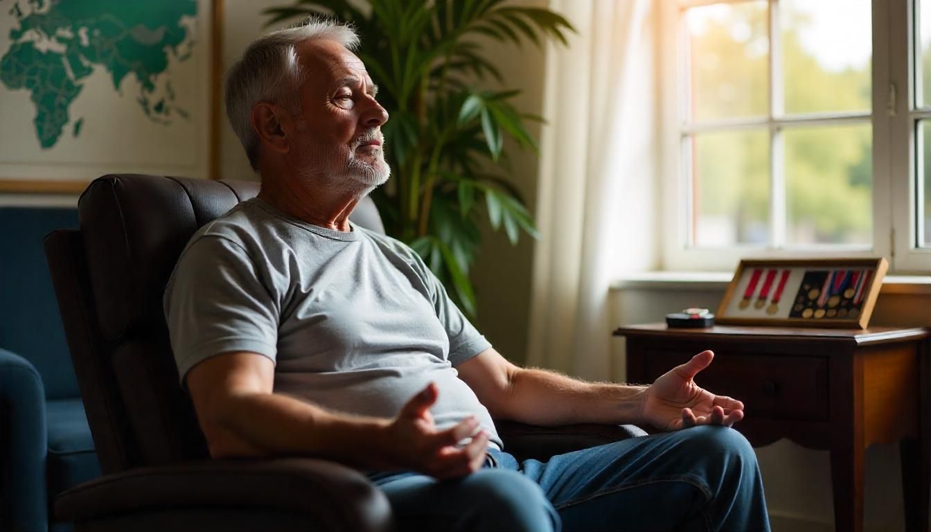 A retired veteran in a gray t-shirt and blue jeans sitting in Dayton eyes closed in meditation after