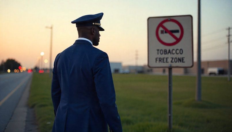 African American Air Force man in dress blues, walking past a Tobacco-Free Zone sign at Wright-Patt