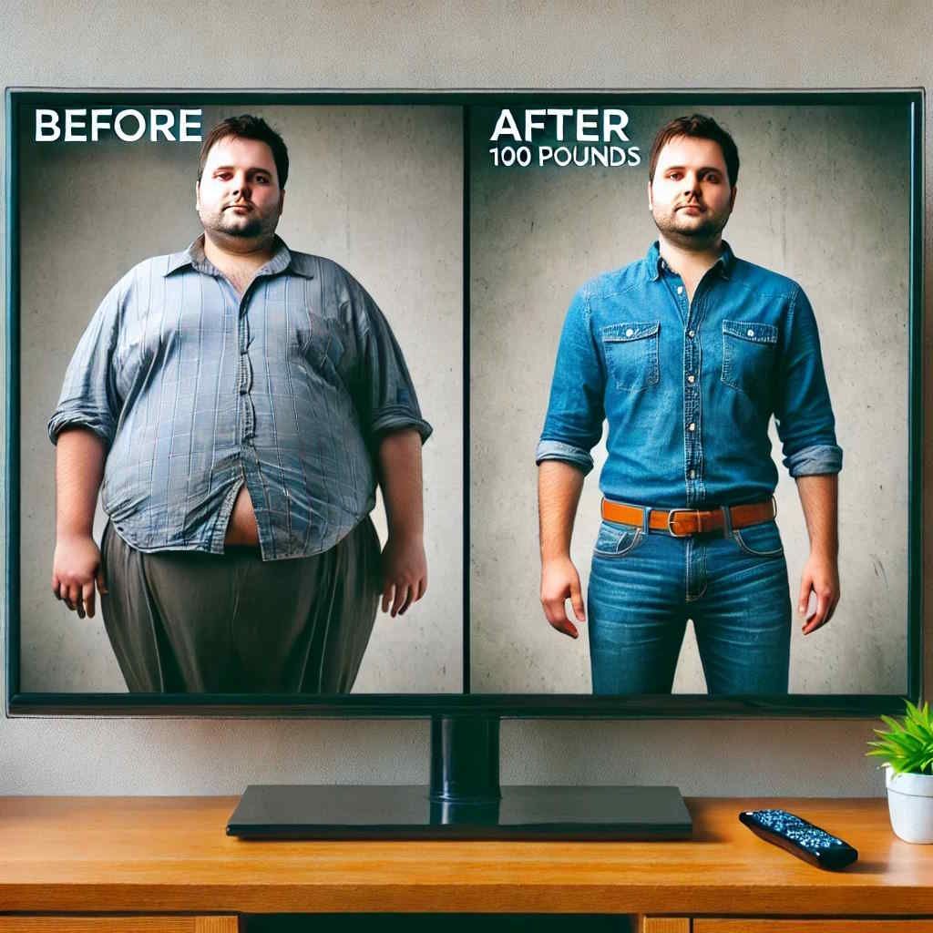 A before and after picture of a man 's weight loss thanks to hypnotherapy