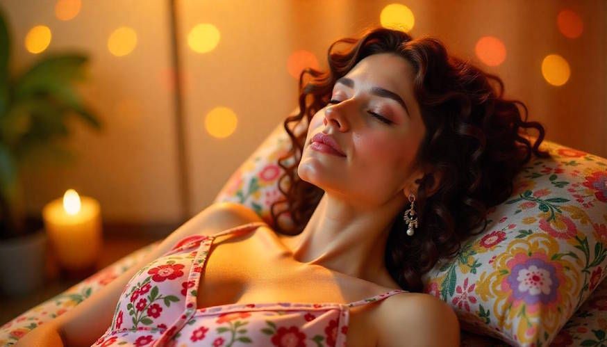 A vibrant therapy space in Centerville with a Hispanic woman deeply relaxed after hypnotherapy