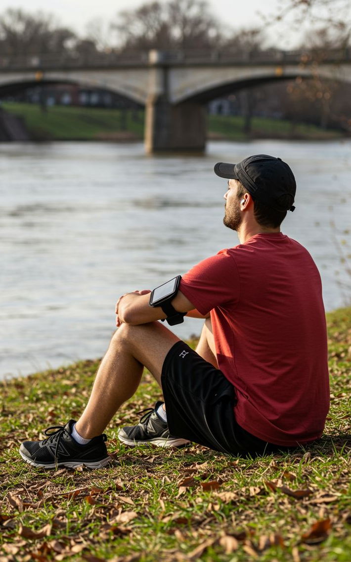 A jogger resting on the banks of the Great Miami River practicing self‑hypnosis while cooling down.