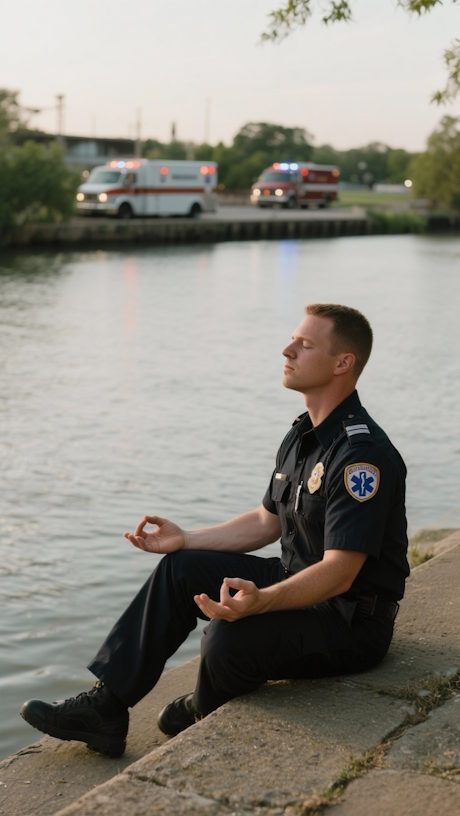 A paramedic practicing self‑hypnosis while seated by the Great Miami River with sirens faintly in the background