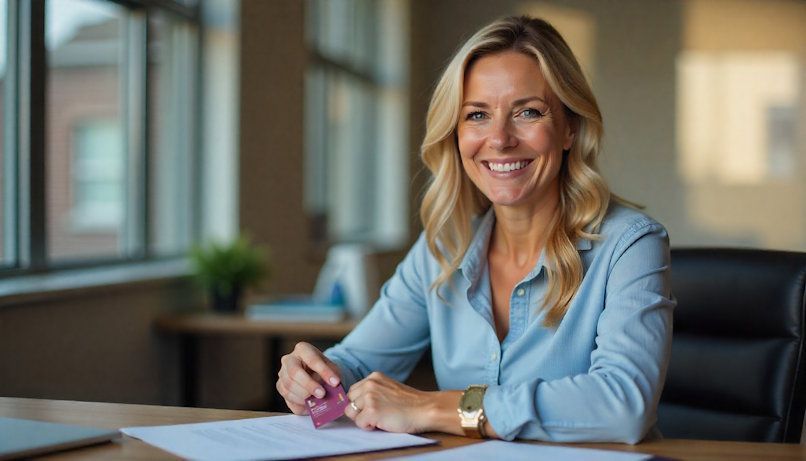 A professional woman in her 40s sitting at a desk in Dayton, Ohio, holding an HSA FSA debit card