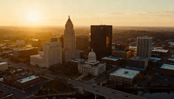 Aerial sunrise view over Dayton skyline with a serene golden glow, symbolizing a fresh start and emotional calm.