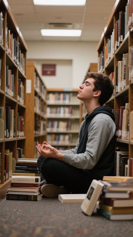 A student practicing self‑hypnosis in a quiet library at the University of Dayton, with textbooks around