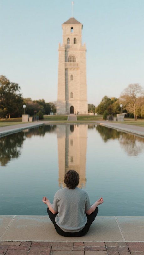 A person at Carillon Historical Park sitting by the reflecting pool practicing self‑hypnosis